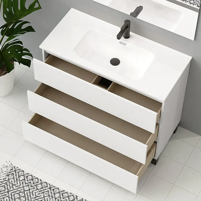 Artysan Conjunto de mueble de baño Neeko - Ancho: 100 cm, Blanco, 3 pzs. - Lavabo moderno con tres cajones en blanco. El diseño sencillo se integra perfectamente en cualquier baño y ofrece un amplio espacio de almacenamiento.