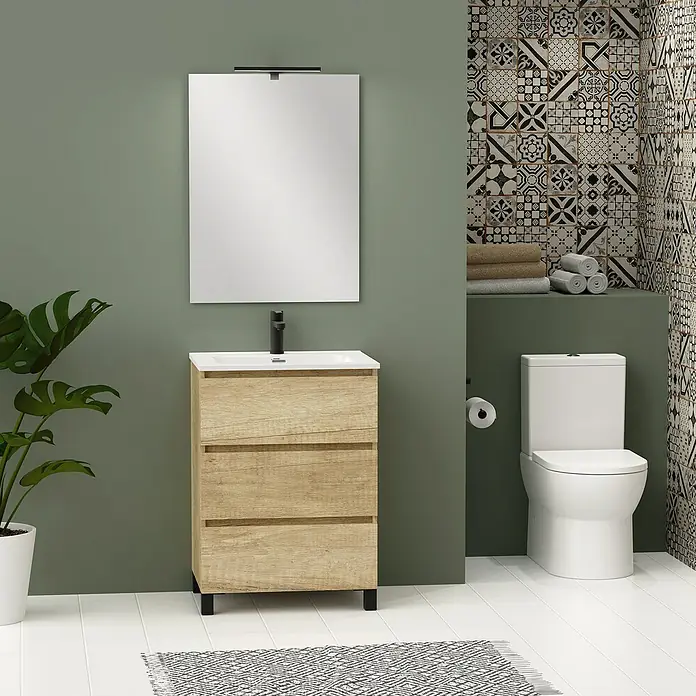 Artysan Conjunto de mueble de baño Neeko - Ancho: 60 cm, Nature, 3 pzs. - Baño con mueble de lavabo de madera con lavabo blanco y espejo iluminado, junto con un inodoro y elegantes azulejos estampados.