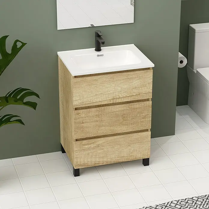 Artysan Conjunto de mueble de baño Neeko - Ancho: 60 cm, Nature, 3 pzs. - Baño moderno con mueble de lavabo de madera con tres cajones y un lavabo sobre encimera blanco.