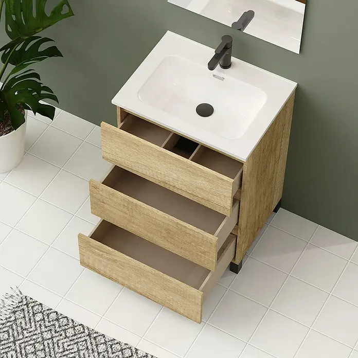 Artysan Conjunto de mueble de baño Neeko - Ancho: 70 cm, Nature, 3 pzs. - Lavabo de baño moderno con mueble de madera abierto y lavabo sobre encimera blanco, elegantes muebles de baño.