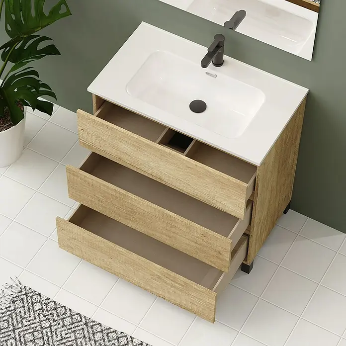 Artysan Conjunto de mueble de baño Neeko - Ancho: 90 cm, Nature, 3 pzs. - La imagen muestra un mueble de lavabo de madera con encimera blanca y tres cajones abiertos. Un atractivo moderno para el baño.