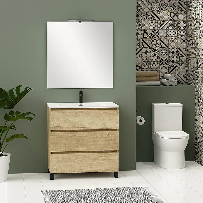 Artysan Conjunto de mueble de baño Neeko - Ancho: 90 cm, Nature, 3 pzs. - Elegante baño con mueble de lavabo de madera, espejo cuadrado y un inodoro moderno.