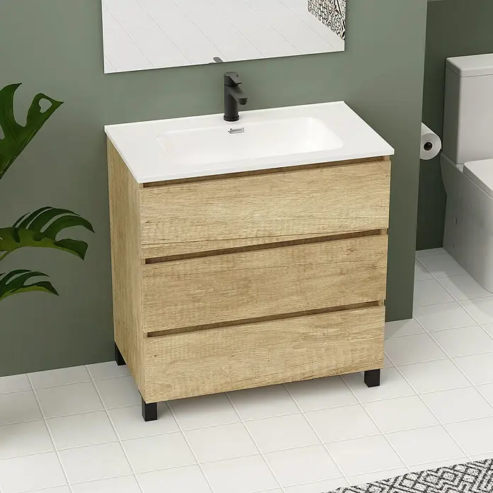 Artysan Conjunto de mueble de baño Neeko - Ancho: 90 cm, Nature, 3 pzs. - Mueble de baño de madera clara con tres cajones y lavabo blanco. Mueble de baño moderno para un ambiente elegante.