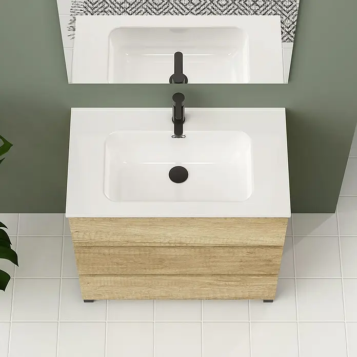 Artysan Conjunto de mueble de baño Neeko - Ancho: 90 cm, Nature, 3 pzs. - Lavabo de baño moderno con mueble de madera, lavabo blanco y grifo negro sobre un fondo verde.