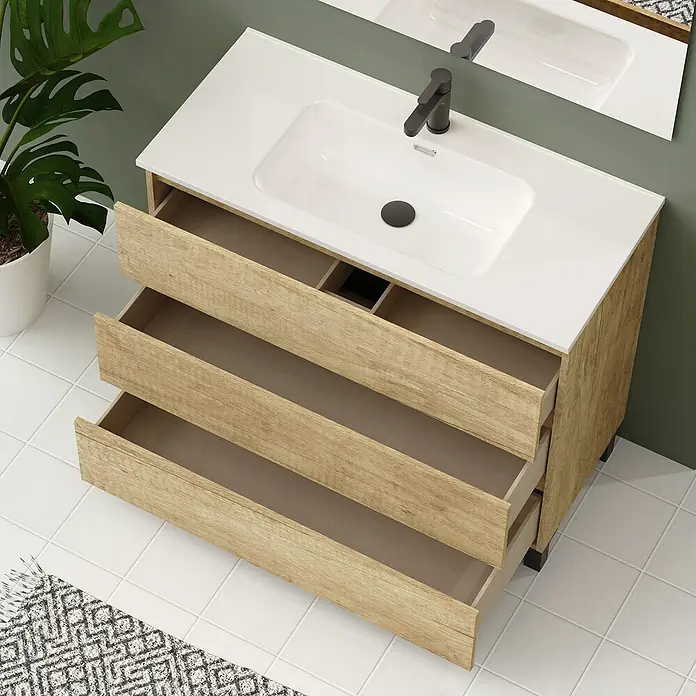 Artysan Conjunto de mueble de baño Neeko - Ancho: 100 cm, Nature, 3 pzs. - Mueble de baño moderno con cajones abiertos, lavabo sobre encimera blanco y grifo elegante.