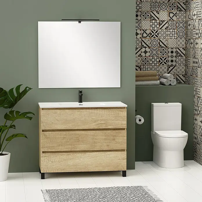 Artysan Conjunto de mueble de baño Neeko - Ancho: 100 cm, Nature, 3 pzs. - Un baño moderno con un mueble de lavabo marrón claro con tres cajones y un gran espejo encima.