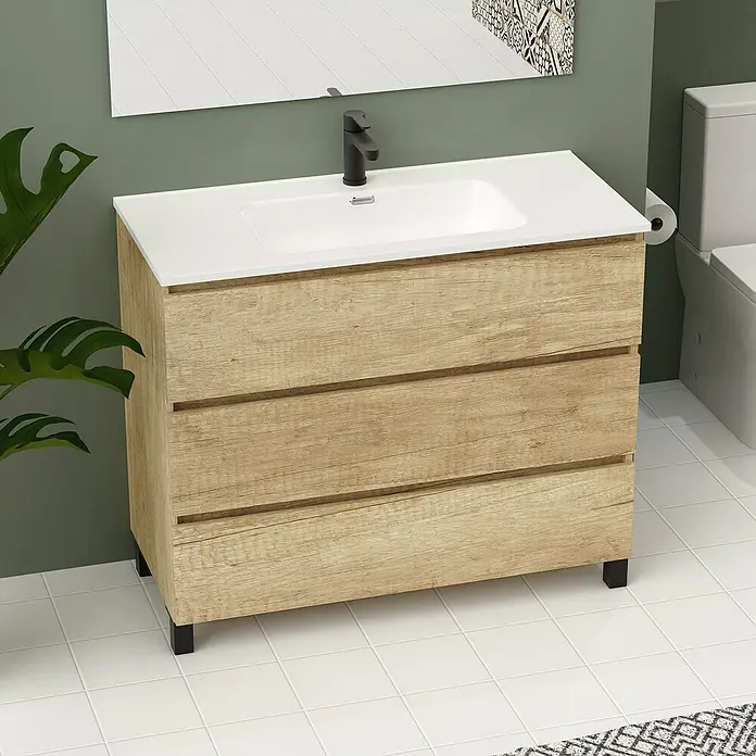 Artysan Conjunto de mueble de baño Neeko - Ancho: 100 cm, Nature, 3 pzs. - Mueble de baño con lavabo blanco y textura de madera. Tres cajones ofrecen un amplio espacio de almacenamiento.