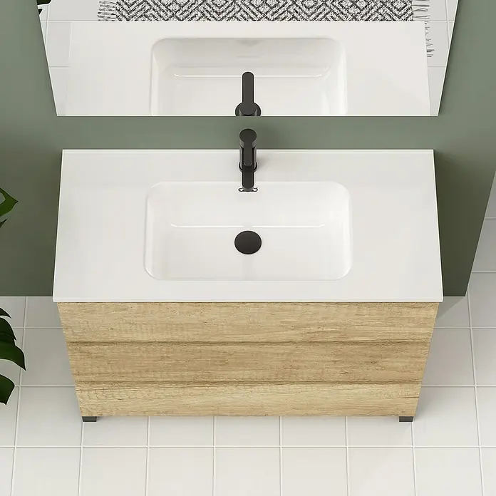 Artysan Conjunto de mueble de baño Neeko - Ancho: 100 cm, Nature, 3 pzs. - Un tocador de baño con encimera blanca, cajón de madera y grifo negro.