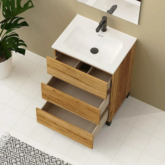 Artysan Conjunto de mueble de baño Neeko - Ancho: 60 cm, Teka, 3 pzs. - Un moderno tocador con diseño de cajones abiertos y lavabo blanco, que combina funcionalidad y estilo.