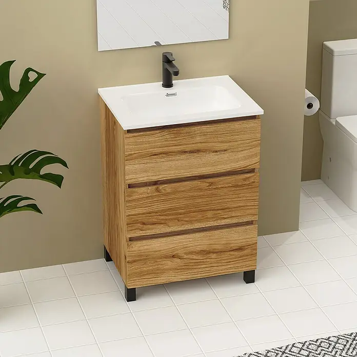 Artysan Conjunto de mueble de baño Neeko - Ancho: 60 cm, Teka, 3 pzs. - Mueble de baño moderno con armario de madera y lavabo blanco para un diseño de baño elegante.