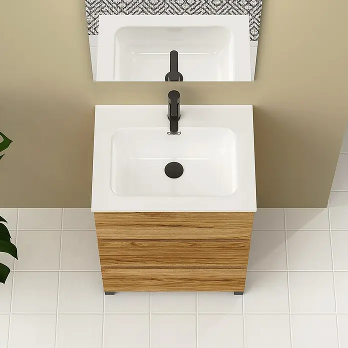 Artysan Conjunto de mueble de baño Neeko - Ancho: 60 cm, Teka, 3 pzs. - Moderno mueble de baño con gabinete de aspecto de madera y lavabo blanco, con grifo negro y espejo encima.