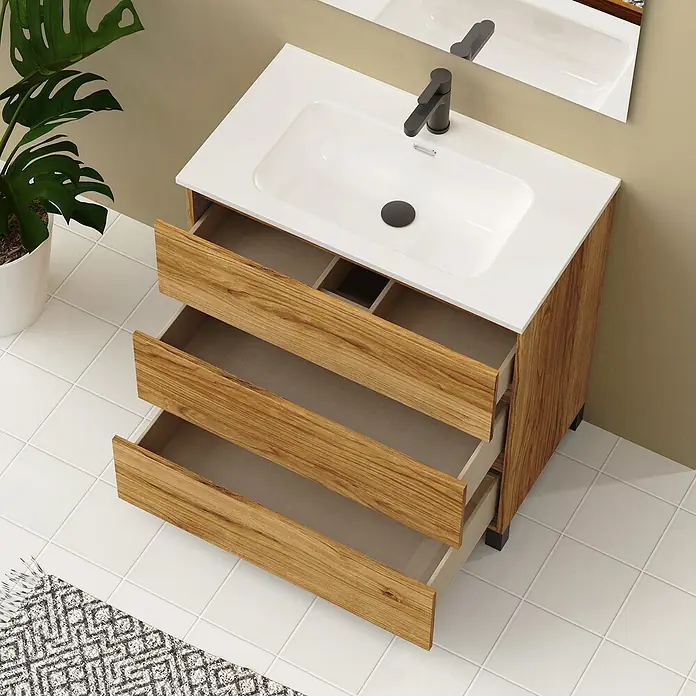 Artysan Conjunto de mueble de baño Neeko - Ancho: 80 cm, Teka, 3 pzs. - Mueble de baño moderno con tres cajones y un lavabo sobre encimera blanco para un ambiente elegante.