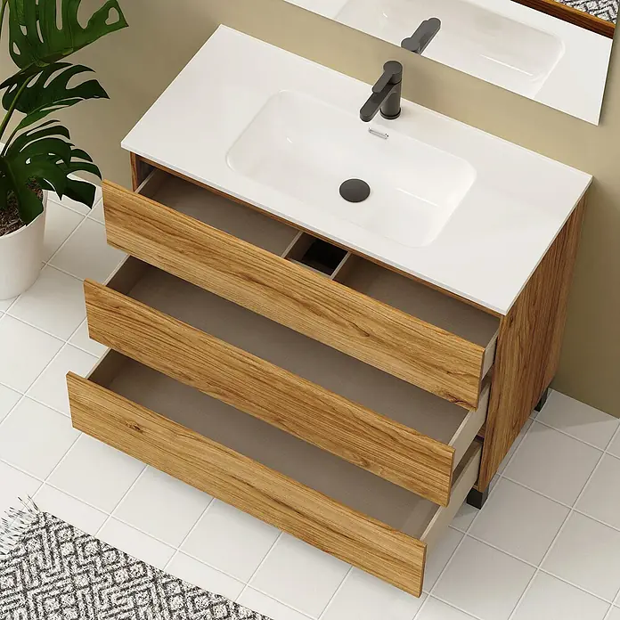 Artysan Conjunto de mueble de baño Neeko - Ancho: 100 cm, Teka, 3 pzs. - Un mueble de baño de madera clara con tres cajones abiertos y un lavabo blanco encima.