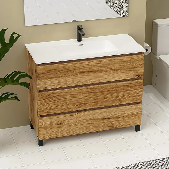 Artysan Conjunto de mueble de baño Neeko - Ancho: 100 cm, Teka, 3 pzs. - Un tocador de baño de madera con tres cajones y una encimera blanca. Elegante y funcional.