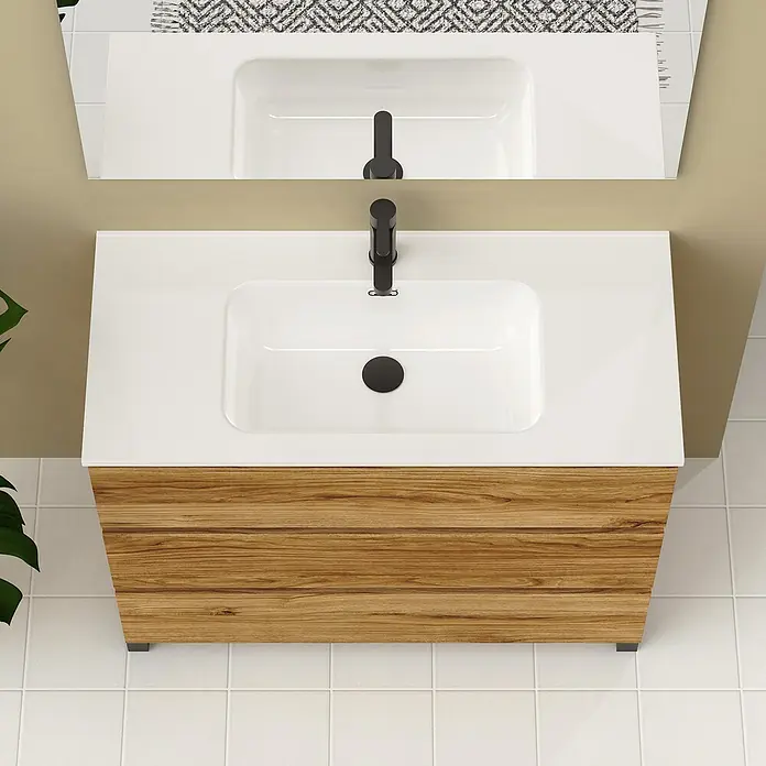 Artysan Conjunto de mueble de baño Neeko - Ancho: 100 cm, Teka, 3 pzs. - Lavabo moderno con mueble de madera y grifo negro, que enfatiza el diseño elegante.