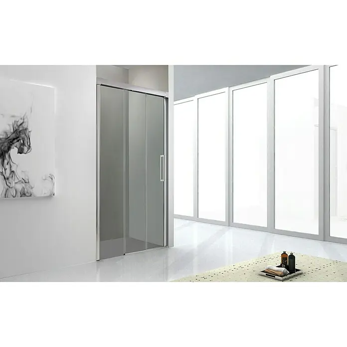 GME Mampara de ducha frontal Trio - 145 x 195 cm, Anodizado, Espesor de vidrio: 6 mm, Plata brillo - Elegante puerta corredera de ducha con diseño de vidrio transparente. Un complemento moderno y refinado para cualquier baño.