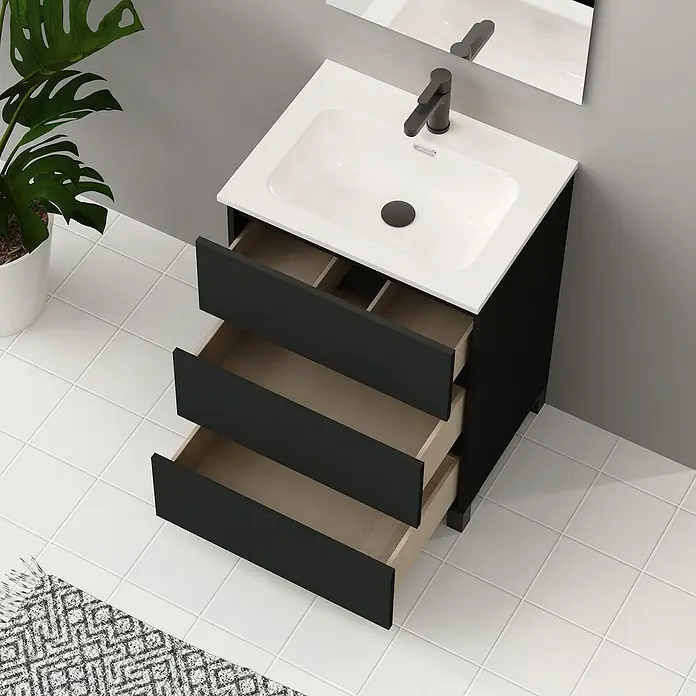 Artysan Conjunto de mueble de baño Neeko - Ancho: 70 cm, Negro, 3 pzs. - Muebles de baño con lavabo y tres cajones, un diseño elegante para un baño moderno.