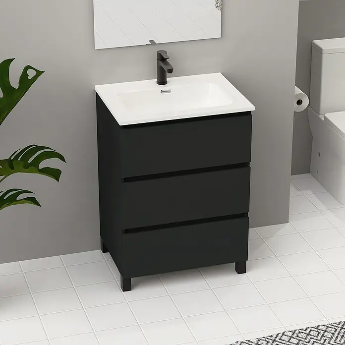 Artysan Conjunto de mueble de baño Neeko - Ancho: 70 cm, Negro, 3 pzs. - Mueble de baño negro con tres cajones y lavabo blanco sobre un fondo gris.