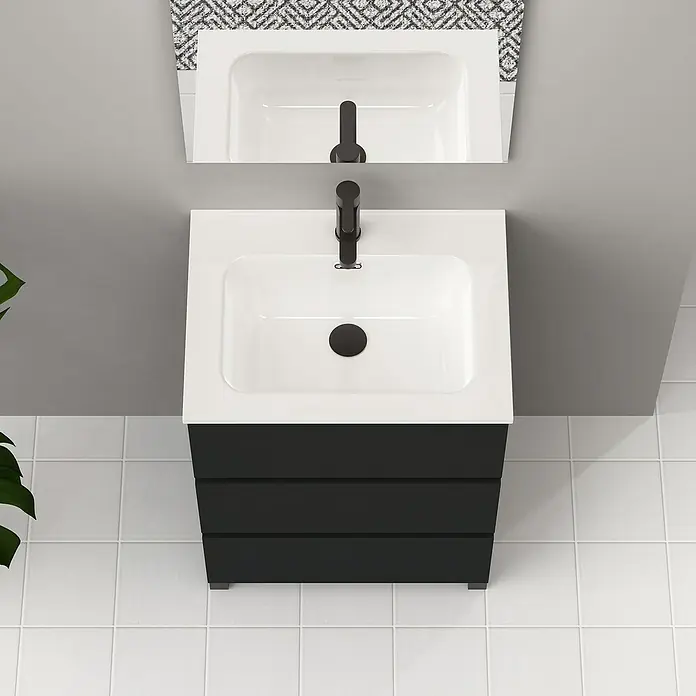 Artysan Conjunto de mueble de baño Neeko - Ancho: 70 cm, Negro, 3 pzs. - Combinación de tocador moderna con lavabo sobre encimera blanco brillante y mueble negro con tres cajones para almacenaje elegante.