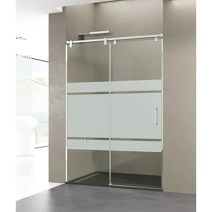 GME Mampara de ducha frontal Futura - 150 x 200 cm, Vidrio serigrafiado, Plata brillo - Cabina de ducha moderna con puertas correderas de vidrio y elegantes rayas horizontales para un diseño de baño elegante.