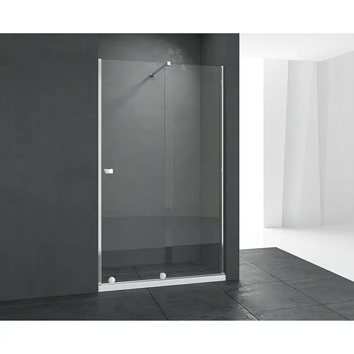 Mampara de ducha frontal Oprah - 160 x 195 cm, Espesor de vidrio: 6 mm, Cromo - Imagen de una mampara de ducha moderna con paneles de vidrio transparente y accesorios cromados, sobre una pared oscura y un espacio luminoso.