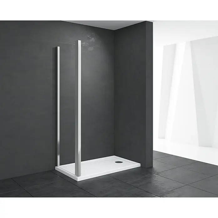 Pieza lateral para mampara de ducha Chloe - An x Al: 70 x 195 cm, Vidrio transparente, Cromo - Una zona de ducha minimalista con una bandeja blanca y paneles de vidrio transparente, que combina diseño moderno y funcionalidad.