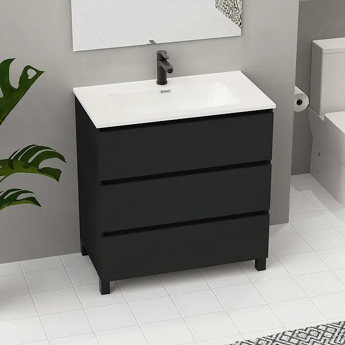 Artysan Conjunto de mueble de baño Neeko - Ancho: 90 cm, Negro, 3 pzs. - Imagen de un mueble de baño con lavabo y tres cajones en un baño moderno.