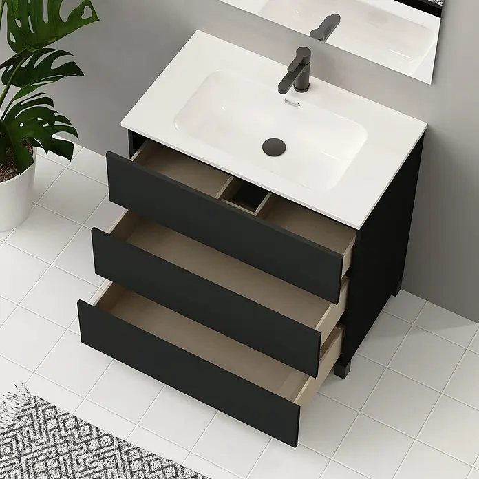 Artysan Conjunto de mueble de baño Neeko - Ancho: 90 cm, Negro, 3 pzs. - Baño moderno con mueble de tocador negro, lavabo sobre encimera blanco y tres cajones para más espacio de almacenamiento.