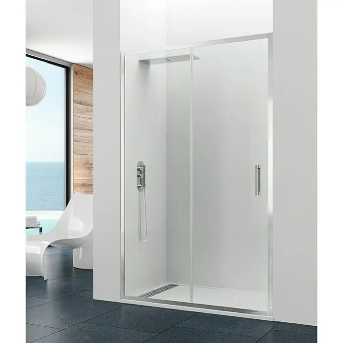 GME Mampara de ducha frontal Prestige - 130 x 195 cm, Anodizado, Espesor de vidrio: 8 mm, Plata brillo - Cabina de ducha con puerta corredera y marco cromado. El diseño claro de la cabina de ducha se integra perfectamente en baños modernos para un ambiente elegante.