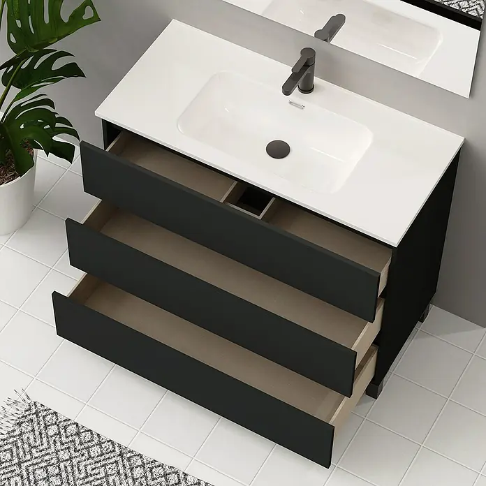 Artysan Conjunto de mueble de baño Neeko - Ancho: 100 cm, Negro, 3 pzs. - Baño moderno con mueble de lavabo con tres cajones, encimera blanca y lavabo bajo encimera.