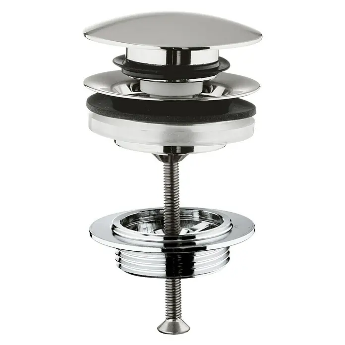 Grohe Ablaufgarnitur - 1 ¼″, Supersteel, Herausnehmbarer Stopfen - Bild eines Waschbeckenstöpsels mit Chromfinish, der typischerweise in Badezimmern verwendet wird, um Wasser im Becken zu halten.