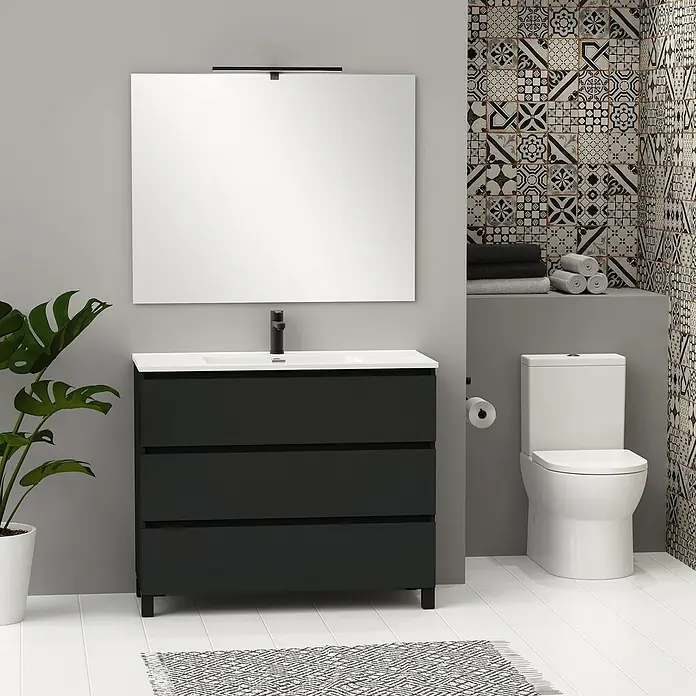 Artysan Conjunto de mueble de baño Neeko - Ancho: 100 cm, Negro, 3 pzs. - Baño moderno con tocador negro de tres cajones y lavabo de encimera blanco, complementado con un espejo cuadrado.
