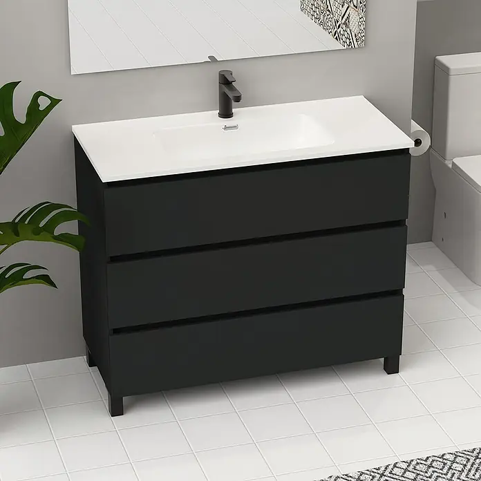 Artysan Conjunto de mueble de baño Neeko - Ancho: 100 cm, Negro, 3 pzs. - Elegante mueble de baño con tres cajones, lavabo blanco y grifo negro. Un toque moderno para tu baño con este mueble.