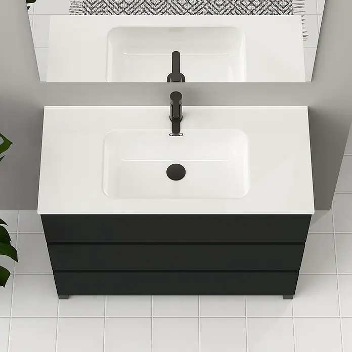 Artysan Conjunto de mueble de baño Neeko - Ancho: 100 cm, Negro, 3 pzs. - Moderno mueble de baño con armario negro y lavabo sobre encimera blanco, completo con espejo, ideal para un baño elegante.