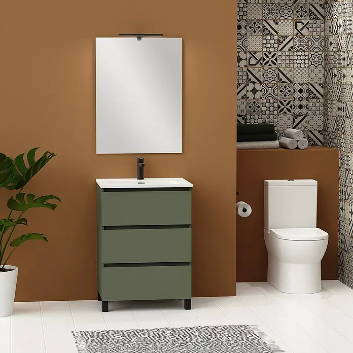 Artysan Conjunto de mueble de baño Neeko - Ancho: 70 cm, Verde musgo, 3 pzs. - El conjunto de baño presenta un tocador verde con espejo, un inodoro y azulejos decorativos para una apariencia moderna.