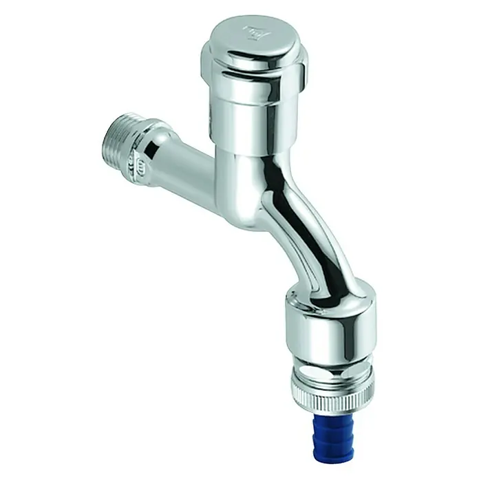 Grohe Auslaufhahn - ½″, Verchromt - Nahaufnahme eines glänzenden, verchromten Wasserhahns mit blauem Schlauchanschluss vor einem einfachen weißen Hintergrund.