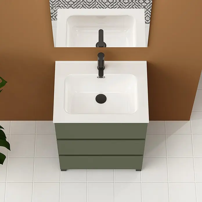 Artysan Conjunto de mueble de baño Neeko - Ancho: 70 cm, Verde musgo, 3 pzs. - Vista superior de un mueble de baño con lavabo y grifo, que ofrece un diseño moderno y elegante para el baño.