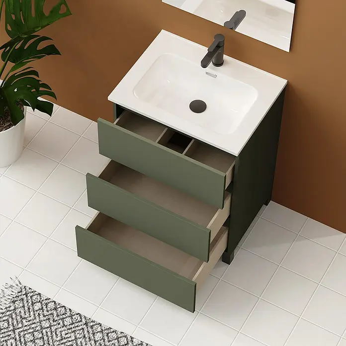 Artysan Conjunto de mueble de baño Neeko - Ancho: 70 cm, Verde musgo, 3 pzs. - Mueble de baño verde con lavabo y cajones abiertos. Un tocador moderno y elegante para cualquier baño.