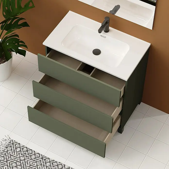 Artysan Conjunto de mueble de baño Neeko - Ancho: 90 cm, Verde musgo, 3 pzs. - Imagen de un mueble de baño con cajones abiertos, destacando su solución de almacenamiento y diseño.