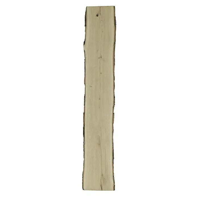 Blockware - Eiche, Anfallende Breite: 20 cm - 25 cm, 120 x 2,6 cm - Dieses Bild zeigt eine rohe Holzbohle mit sichtbarer Rinde. Das Holz hat eine helle Farbe und eine natürliche Maserung.