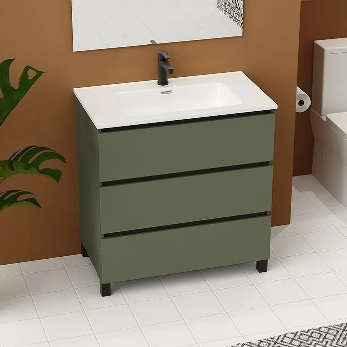 Artysan Conjunto de mueble de baño Neeko - Ancho: 90 cm, Verde musgo, 3 pzs. - Mueble de baño moderno con tres cajones y lavabo sobre encimera blanco, elegante y funcional.