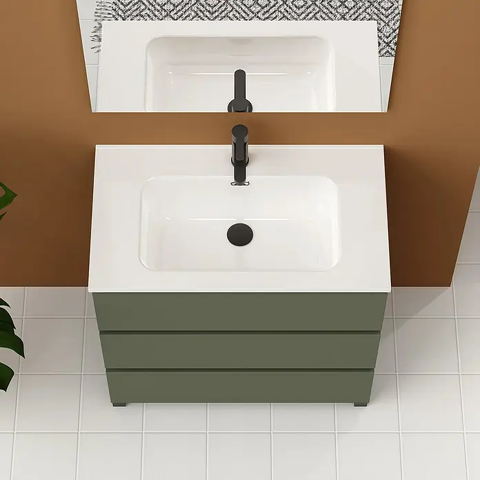 Artysan Conjunto de mueble de baño Neeko - Ancho: 90 cm, Verde musgo, 3 pzs. - Mueble de baño moderno con cajones verde oliva y lavabo blanco, reflejado en un espejo encima.