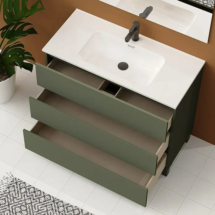 Artysan Conjunto de mueble de baño Neeko - Ancho: 100 cm, Verde musgo, 3 pzs. - Elegante mueble de baño verde con tres cajones abiertos y lavabo moderno.