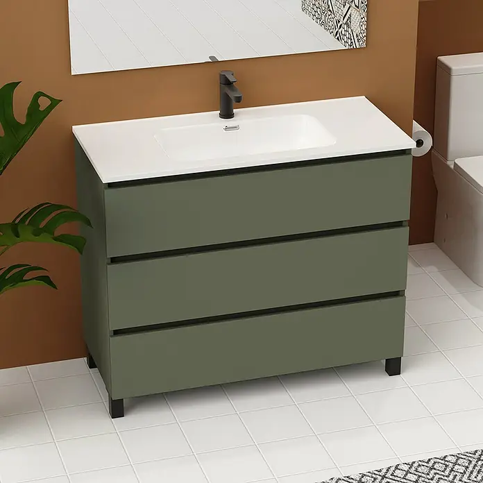 Artysan Conjunto de mueble de baño Neeko - Ancho: 100 cm, Verde musgo, 3 pzs. - Mueble de baño verde oliva de tres cajones con lavabo encastrado blanco y grifo negro.