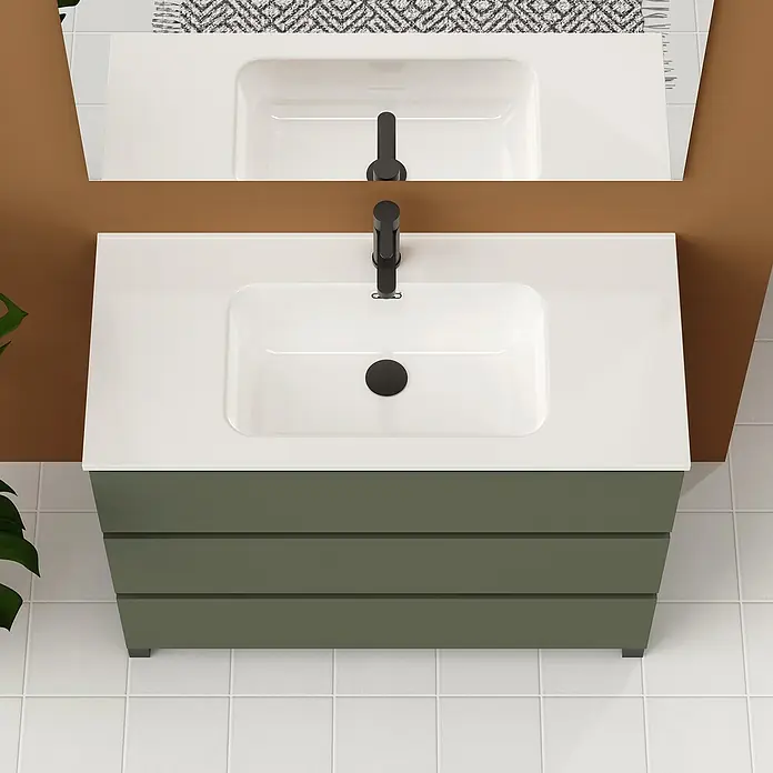 Artysan Conjunto de mueble de baño Neeko - Ancho: 100 cm, Verde musgo, 3 pzs. - Vista superior de un tocador de baño moderno con gabinete verde, lavabo blanco y grifo negro, que muestra una solución de baño elegante.