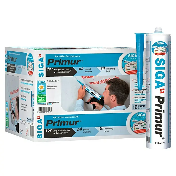Siga Klebe- & Dichtmasse Primur - 310 ml, Lösemittelfrei - SIGA Primur Dichtstoff-Karton und Einzelkartusche. Ideal zur luftdichten Verklebung von Dampfbremsen auf Mauerwerk für Innenanwendungen.