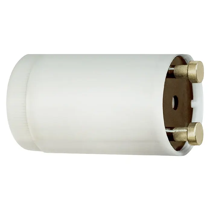 Voltolux LED-Röhre T8 - 60 cm, Warmweiß, 900 lm, T8 - Nahaufnahme eines weißen Lampensockels mit zwei goldenen Kontaktstiften. Ideal für den Austausch defekter Sockel.