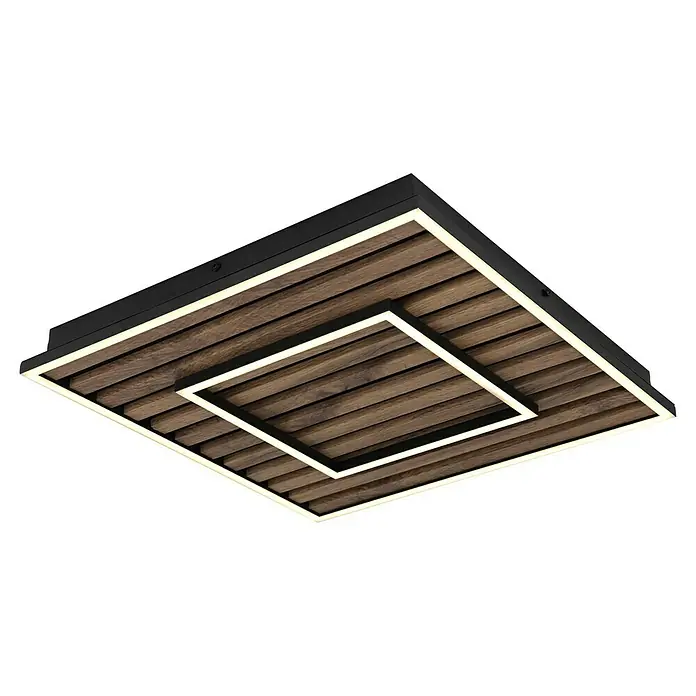 Globo Plafón LED Wood - L x An x Al: 450 x 450 x 60 mm, Marrón, 36 W, Blanco cálido - Lámpara de techo moderna con paneles de madera y cuadrados LED.