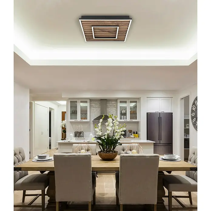 Globo Plafón LED Wood - L x An x Al: 450 x 450 x 60 mm, Marrón, 36 W, Blanco cálido - Lámpara de techo moderna de madera con diseño cuadrado, ideal para comedores y cocinas. Iluminación elegante para un ambiente estiloso.
