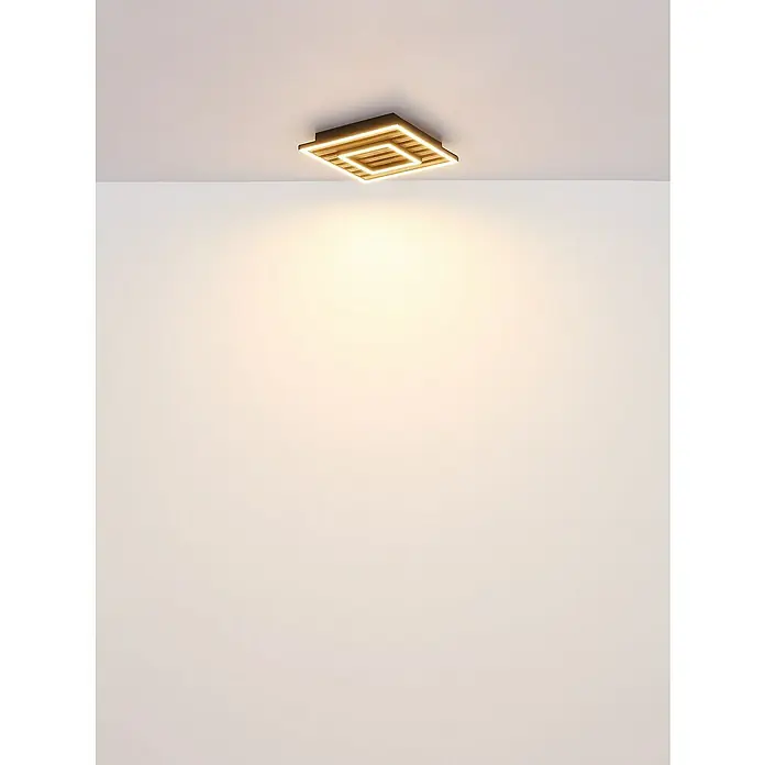Globo Plafón LED Wood - L x An x Al: 450 x 450 x 60 mm, Marrón, 36 W, Blanco cálido - La lámpara de techo cuadrada con aspecto de madera emite una luz cálida.